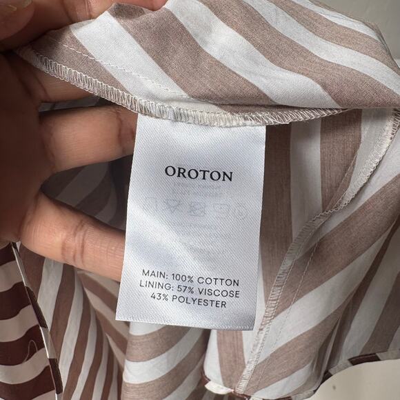 NEW Oroton Dress‎ Striped V-Neck Flutter Sleeve Midi Dress Brown White Size 8 - Picture 9 of 10